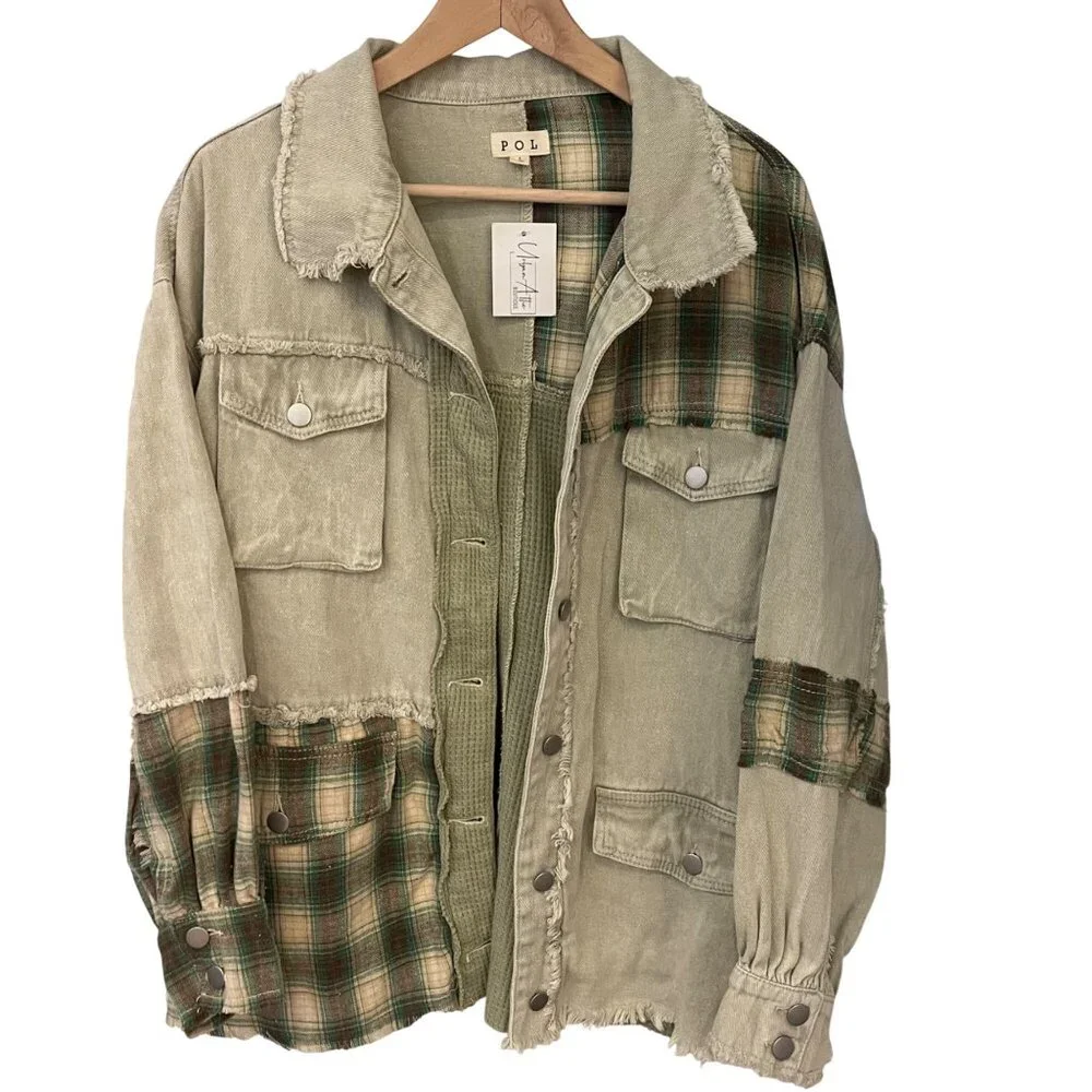 POL Women Boho Patchwork Shacket Jacket Size L Goblincore Cottagecore Grunge